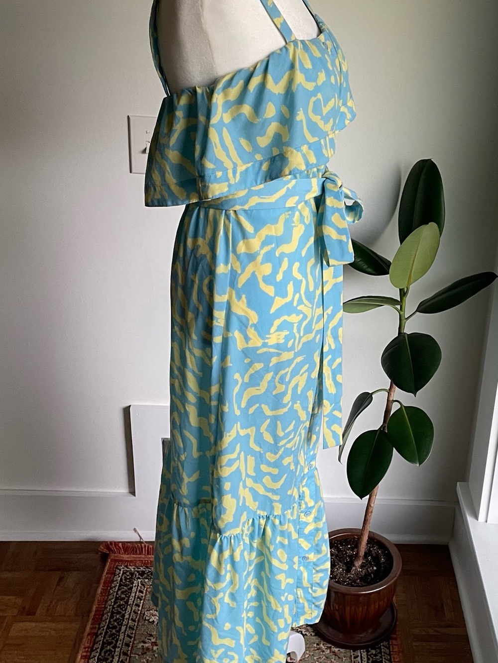 Derek Lam Blue yellow Scribble Print Tie Midi Dress Size 42 US 6 /Medium - Picture 5 of 11